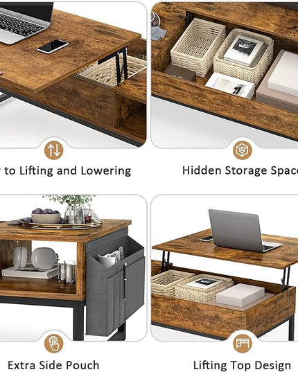 Aheaplus Lift Top Coffee Table with Storage, Wood Lifting Top Central Table Metal Frame, 43.3" Lift Tabletop Tea Table with Side Pouch, Cocktail Table Modern Pop up Adjustable Table for Living Room - LeafyLoom