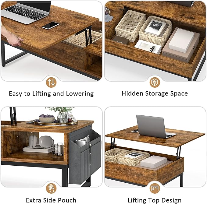Aheaplus Lift Top Coffee Table with Storage, Wood Lifting Top Central Table Metal Frame, 43.3" Lift Tabletop Tea Table with Side Pouch, Cocktail Table Modern Pop up Adjustable Table for Living Room - LeafyLoom