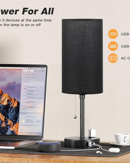 Dicoool 18Inch Tall Bedroom Lamps with USB C and A Ports 3 Color Temperatures - Pull Chain Black Nightstand Bedside Table Lamp with AC Outlet, Side Lamp for Living Room End Table - LeafyLoom