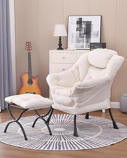 Lazy Chair and Ottoman, Large Accent Lounge Chair with Armrests and a Side Pocket, Modern Leisure Upholstered Sofa Reading Armchair with Footrest for Bedroom, Living Room, Dorm Rooms, Office - LeafyLoom