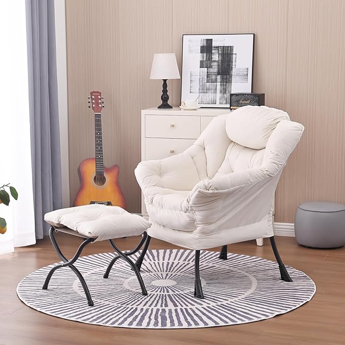 Lazy Chair and Ottoman, Large Accent Lounge Chair with Armrests and a Side Pocket, Modern Leisure Upholstered Sofa Reading Armchair with Footrest for Bedroom, Living Room, Dorm Rooms, Office - LeafyLoom