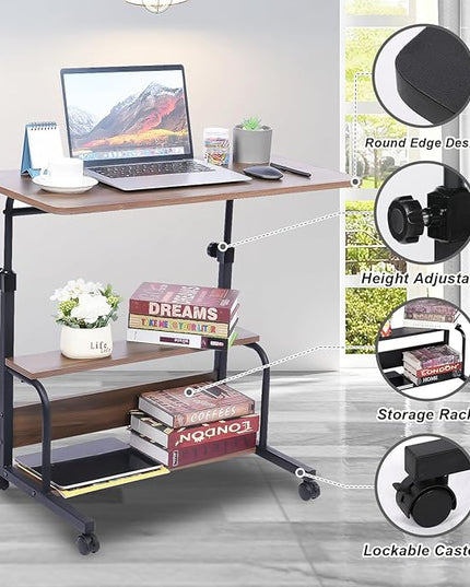 Portable Desk Small Desks for Small Spaces Laptop Table Brown Rolling Adjustable Desk on Wheels Mobile Couch Desk for Bedroom Home Office Computer Standing Desk Student Desk with Storage 32x16 Inch - LeafyLoom