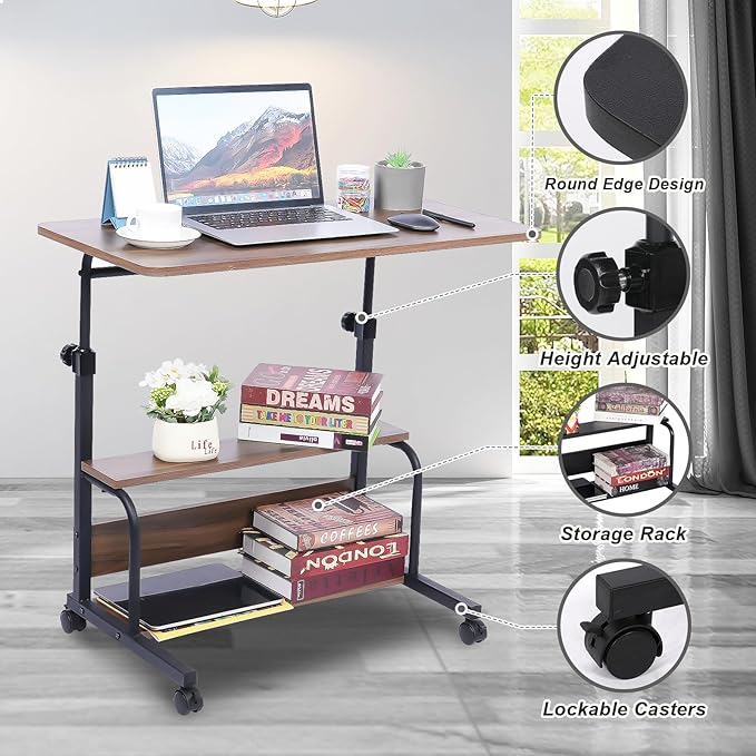 Portable Desk Small Desks for Small Spaces Laptop Table Brown Rolling Adjustable Desk on Wheels Mobile Couch Desk for Bedroom Home Office Computer Standing Desk Student Desk with Storage 32x16 Inch - LeafyLoom
