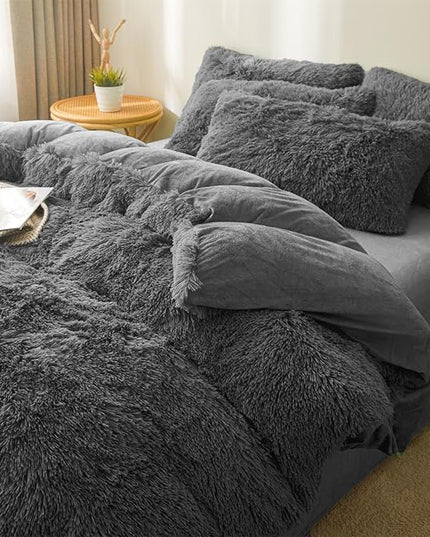 FOPPA Dark grey fluffy Comforter Cover Set king- Ultra Soft fluffy Dark grey Bedding Sets 3 Pieces (1 Duvet Cover + 2 Pillow case) Dark grey fluffy bed set (Dark Grey, King) - LeafyLoom