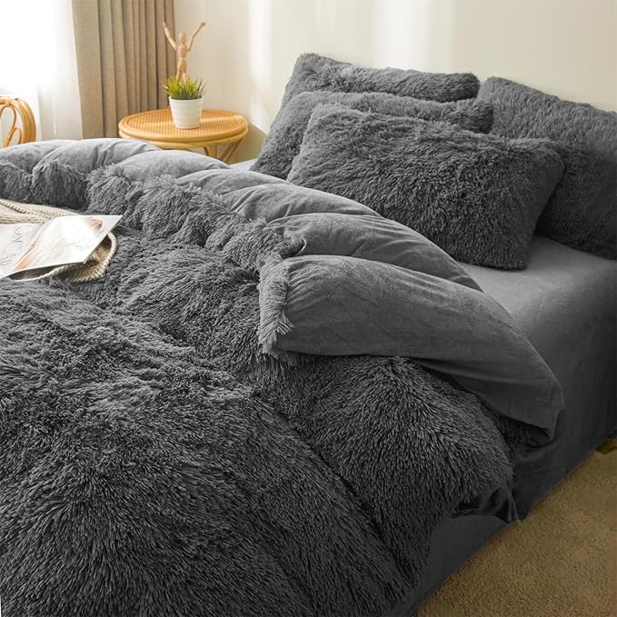 Fluffy dark grey comforters Cover twin size - Ultra Soft Plush dark grey bedding Sets 2 Pieces (1 faux fur comforter Cover + 1 fuzzy pillow case) girls shaggy dark grey twin bed set (Dark Grey, Twin) - LeafyLoom