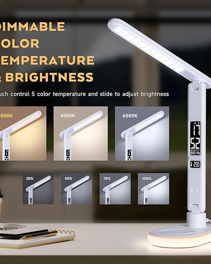 Led Desk Lamp with Charger: Office Table Lamps with USB Wireless Charging for Home Reading - Desk Lights with Clock for College - LeafyLoom