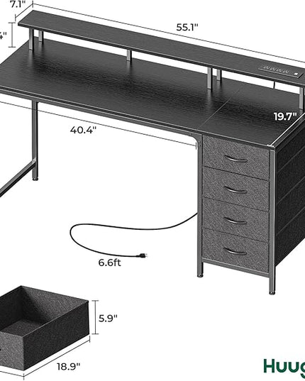55 Inch Computer Desk with Power Outlets and LED Lights, Gaming Desk with 4 Drawers, Office Desk with Monitor Stand, Study Desk Work Desk for Home Office, Black - LeafyLoom