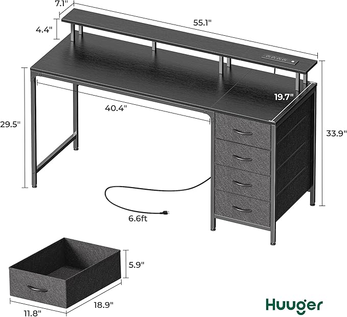 55 Inch Computer Desk with Power Outlets and LED Lights, Gaming Desk with 4 Drawers, Office Desk with Monitor Stand, Study Desk Work Desk for Home Office, Black - LeafyLoom
