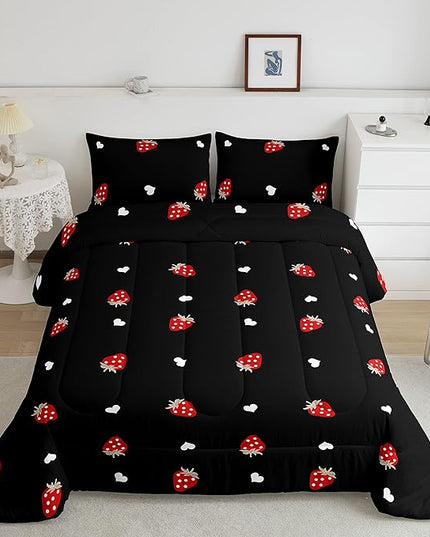 Erosebridal Strawberry Comforter Set Queen Size Red and Black Kawaii Strawberry Bedding Set for Kids Girls Women Bedroom Decor Children Cute Sweet Tropical Fruit Comforter Soft Reversible Bedding - LeafyLoom