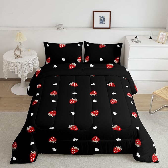 Erosebridal Strawberry Comforter Set Queen Size Red and Black Kawaii Strawberry Bedding Set for Kids Girls Women Bedroom Decor Children Cute Sweet Tropical Fruit Comforter Soft Reversible Bedding - LeafyLoom
