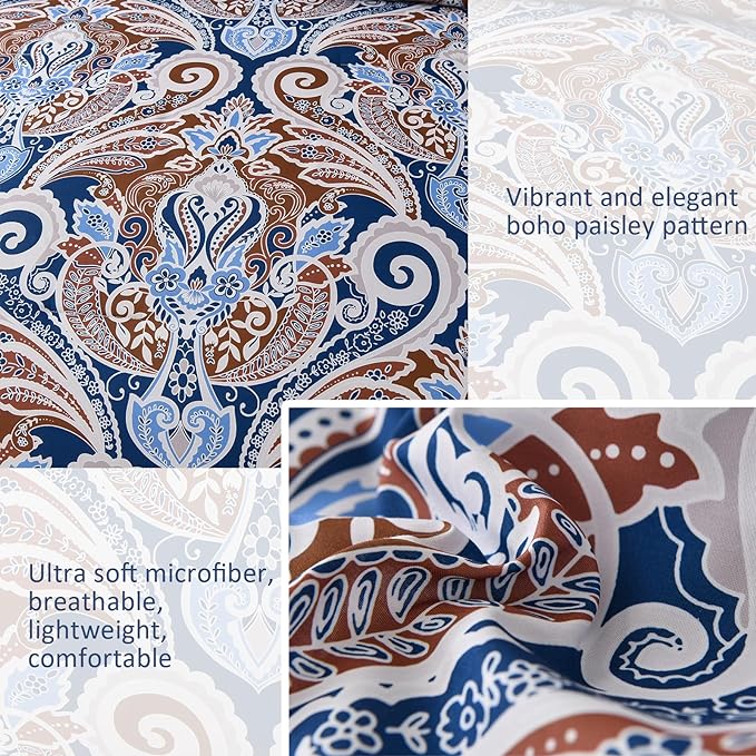 Yiran Blue Paisley Comforter Set Queen 7 Pieces Bed in a Bag Boho Comforter Lightweight Microfiber Reversible Bedding Set (1 Comforter, 1 Flat Sheet, 1 Fitted Sheet, 2 Pillowcases, 2 Pillow Shams) - LeafyLoom