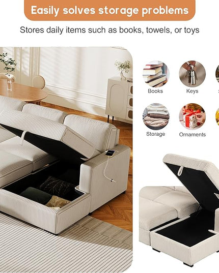 6 Seater U Shaped Oversized Reversible Sleeper Sectional Sofa Pull Out Couch Bed with Right Hand Facing Chaise and USB Ports , Corduroy Upholstered Convertible Corner Sofabed Sofacama for Living Room - LeafyLoom