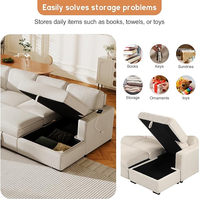 6 Seater U Shaped Oversized Reversible Sleeper Sectional Sofa Pull Out Couch Bed with Right Hand Facing Chaise and USB Ports , Corduroy Upholstered Convertible Corner Sofabed Sofacama for Living Room - LeafyLoom