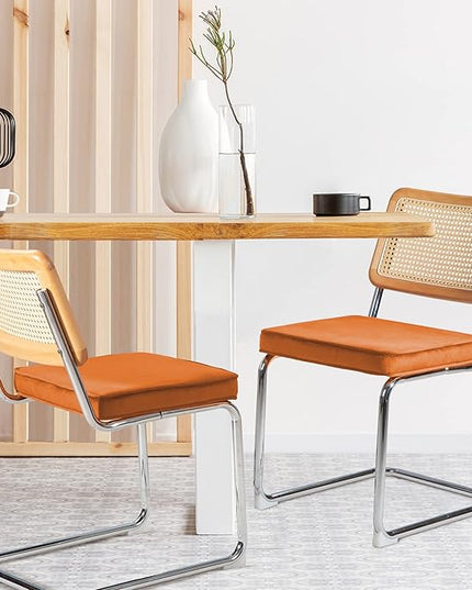 Dining Chair Set of 2, Mid-Century Modern Rattan Dining Chairs with Metal Chrome Legs, Natural Cane Backrest Upholstered for Home Kitchen，Dining Room and Patio, Orange - LeafyLoom