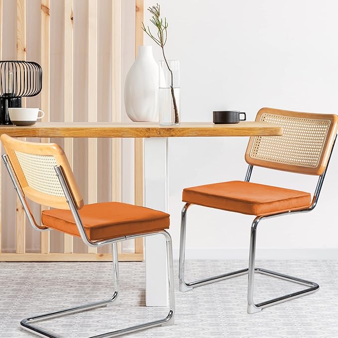 Dining Chair Set of 2, Mid-Century Modern Rattan Dining Chairs with Metal Chrome Legs, Natural Cane Backrest Upholstered for Home Kitchen，Dining Room and Patio, Orange - LeafyLoom