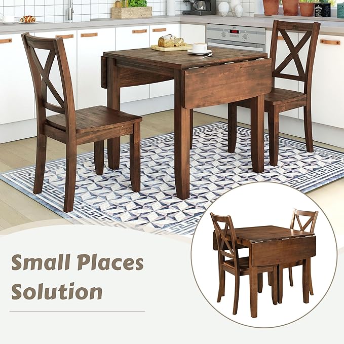 Farmhouse Style Wood Breakfast Nook 2 X-Back Chairs, Extendable Drop Leaf Design & Easy Assembly, Room, Kitchen, 3 Piece Dining Table Set, Brown 27 - LeafyLoom