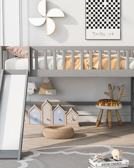 Merax Full Size Wood Low Loft Bed Frame with Slide for Kids Girls Boys,Full Length Guardrails, Gray - LeafyLoom