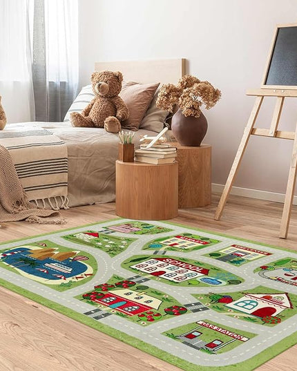 LIVEBOX Green Kids Rug for Kids Room, 3'x5' Washable Road Rug for Playroom, Non-Slip Soft Toy Car Rug for Baby Nursery, Small City Traffic Playmat for Boys Girls Dorm Bedroom Tent - LeafyLoom