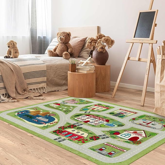 LIVEBOX Green Kids Rug for Kids Room, 3'x5' Washable Road Rug for Playroom, Non-Slip Soft Toy Car Rug for Baby Nursery, Small City Traffic Playmat for Boys Girls Dorm Bedroom Tent - LeafyLoom