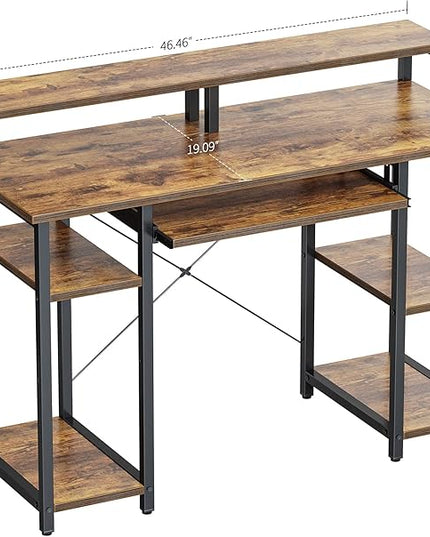 BANTI 47 Inch Computer Desk with Storage Shelves Monitor Stand Keyboard Tray, Home Office Desk, Study Writing Table, Rustic Brown - LeafyLoom