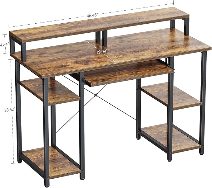 BANTI 47 Inch Computer Desk with Storage Shelves Monitor Stand Keyboard Tray, Home Office Desk, Study Writing Table, Rustic Brown - LeafyLoom