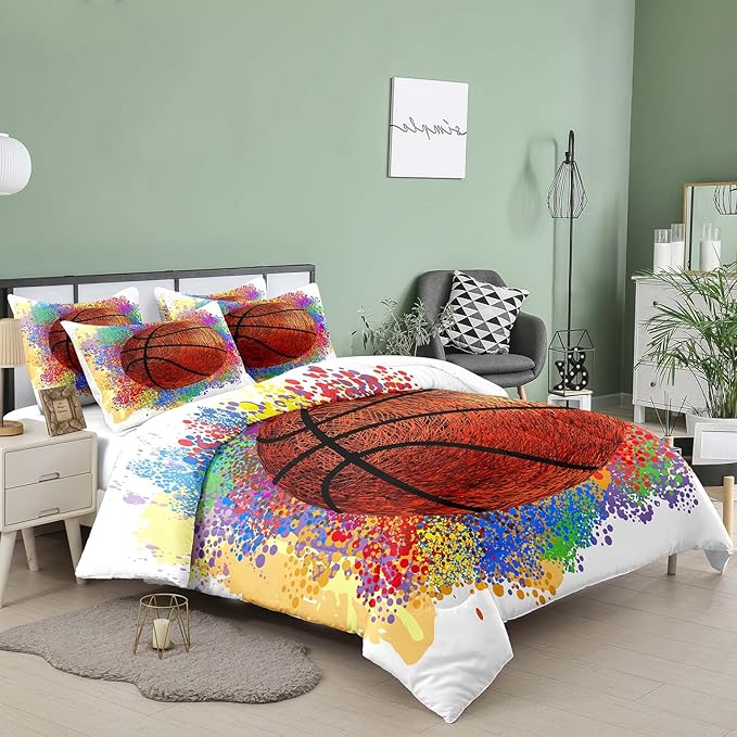 Tailor Shop Basketball Full Size Comforter Set,Basketball Bedding Set for Boys Kids Adults Teens,Sports Kids Basketball Comforter Sets Luxury Graffiti Hip Hop Set with 1 Comforter 2 Pillowcases - LeafyLoom