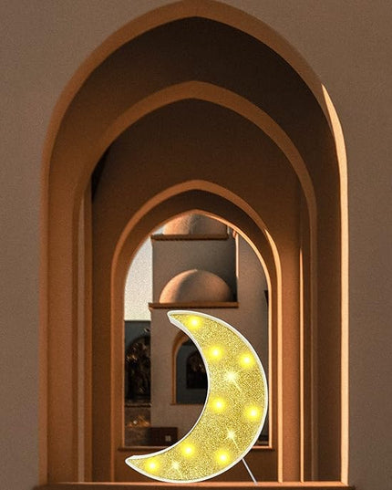 Moon Marquee Lights Decorations, Glitter LED Lighted Moon Lamp, Battery Operated Crescent Moon Night Light for Ramadan Home Table Baby Shower Party Decor, Shiny Gold Moon - LeafyLoom