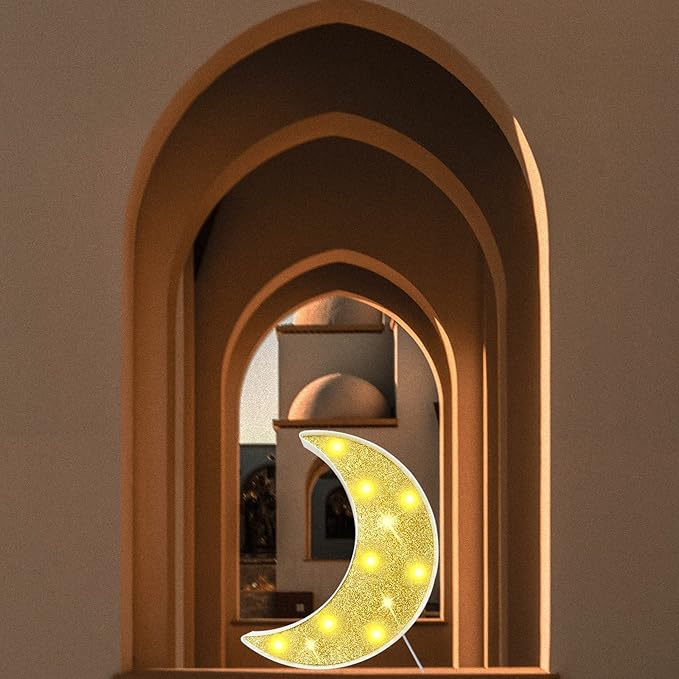 Moon Marquee Lights Decorations, Glitter LED Lighted Moon Lamp, Battery Operated Crescent Moon Night Light for Ramadan Home Table Baby Shower Party Decor, Shiny Gold Moon - LeafyLoom