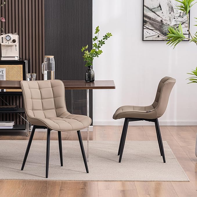 YOUTASTE Khaki Dining Chairs Set of 2 PU Leather Upholstered Modern Armless Dining Room Chair with Back Metal Legs Kitchen Dinner Accent Guest Chairs for Vanity Reception Waiting Room - LeafyLoom