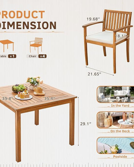 Greesum 5 Piece Patio Dining Set Outdoor Solid Wood Furniture for Yard, Garden, Porch w/Square Tabletop & 4 Chairs, White - LeafyLoom