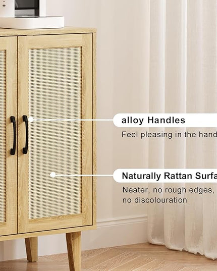 Rattan Decorated Buffet Cabinet - 2 Doors Simple Style Storage Cabinet, Shoe Cabinet with Adjustable Shelves, Sideboard for Kitchen, Living Room, Hallway, Entryway (Natural Wood) - LeafyLoom