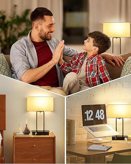 3-Way Dimmable Touch Control Table Lamp with 2 USB Ports and AC Power Outlet Modern Bedside Nightstand Lamp Fabric Shade and Metal Base for Guestroom Bedroom Living Room Hotel LED Bulb Included White - LeafyLoom
