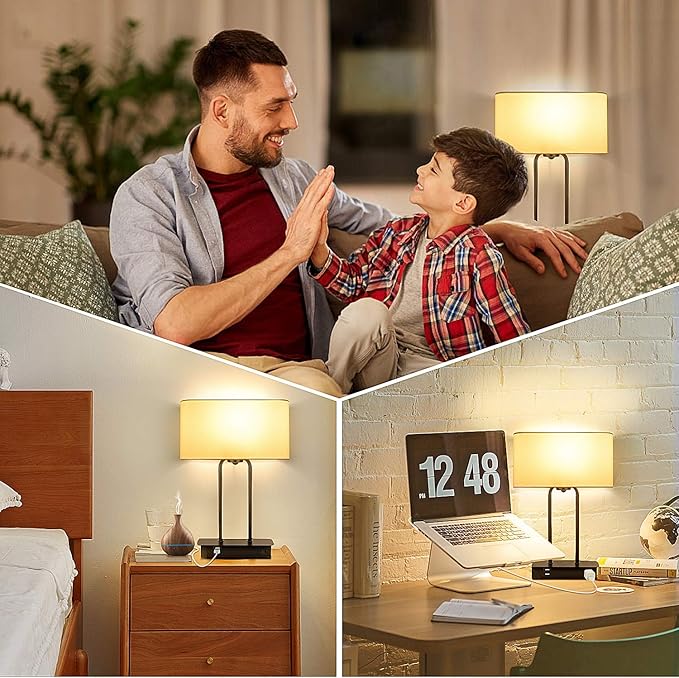 3-Way Dimmable Touch Control Table Lamp with 2 USB Ports and AC Power Outlet Modern Bedside Nightstand Lamp Fabric Shade and Metal Base for Guestroom Bedroom Living Room Hotel LED Bulb Included White - LeafyLoom