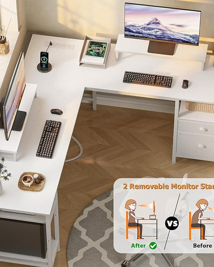 Furologee White 66” L Shaped Desk with Power Outlet, Reversible Computer Desk with File Drawer & 2 Monitor Stands, Home Office Desk with Storage Shelves, Corner Desk for Gaming Writing - LeafyLoom