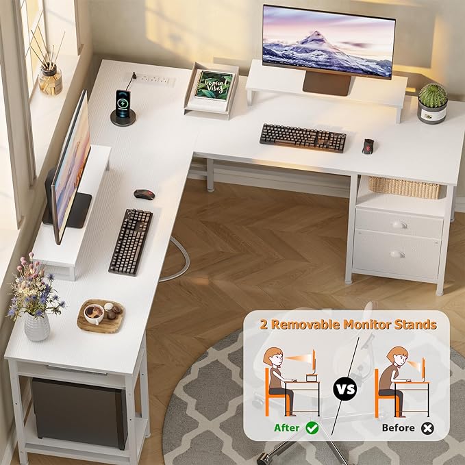 Furologee White 66” L Shaped Desk with Power Outlet, Reversible Computer Desk with File Drawer & 2 Monitor Stands, Home Office Desk with Storage Shelves, Corner Desk for Gaming Writing - LeafyLoom