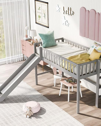 Merax Twin Wood Junior Low Loft Bed Frame with Slide Loft Bed with Full Length Guardrails for Kids Girls Boys,Gray - LeafyLoom