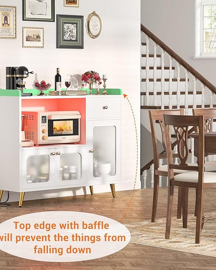 Cyclysio Sideboard Buffet Cabinet with Power Outlet, Kitchen Cabinet with LED Lights, Large Bar Cart Accent Buffet Cabinet with Door for Bedroom, Living Room, Kitchen, Hallway, White - LeafyLoom