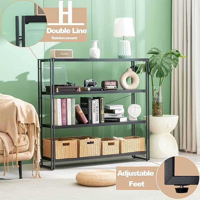 HCHQHS Bookshelf, 4-Tier Industrial Bookcase, Black Open Book Shelf, Freestanding Tall Bookshelves with Metal Frame - LeafyLoom
