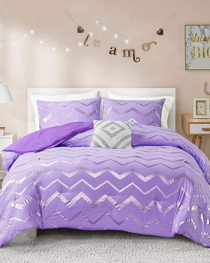 Codi Twin XL Bedding Set - Cute Purple Bed Set, Metallc Print Comforter - 3 Piece Sets for Girls, includes 1 Comforter, 1 Decorative Pillow, and 1 Pillow Case - All Season, Lightweight and Warm - LeafyLoom