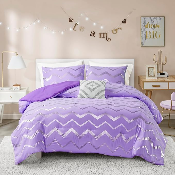 Codi Twin XL Bedding Set - Cute Purple Bed Set, Metallc Print Comforter - 3 Piece Sets for Girls, includes 1 Comforter, 1 Decorative Pillow, and 1 Pillow Case - All Season, Lightweight and Warm - LeafyLoom