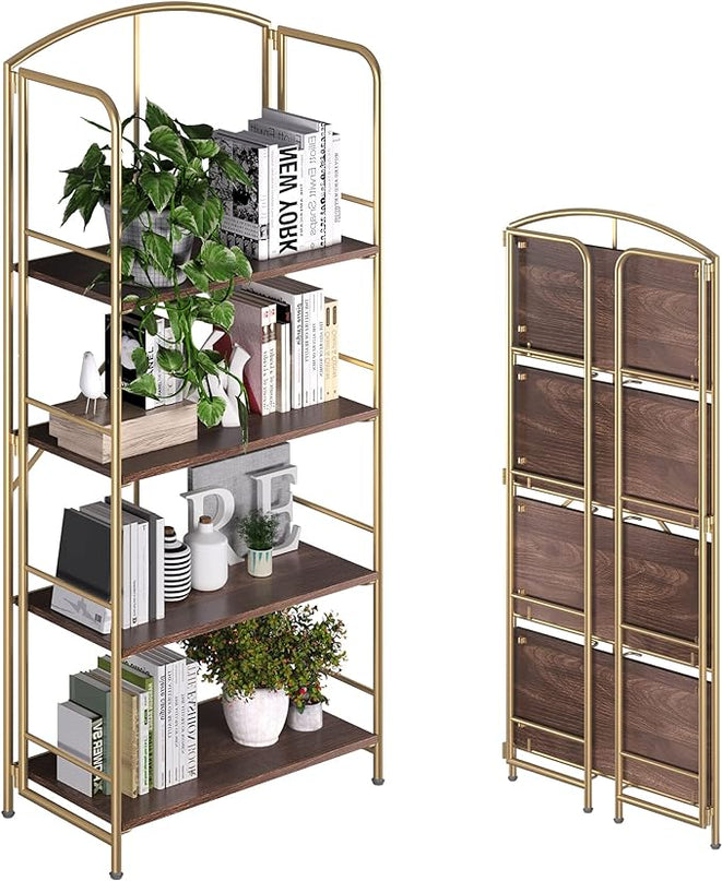 No Assembly Folding Bookshelf, Metal Book Shelf for Storage, Folding Bookcase for Office Organization and Storage (Brown and Gold, 4 Tiers) - LeafyLoom