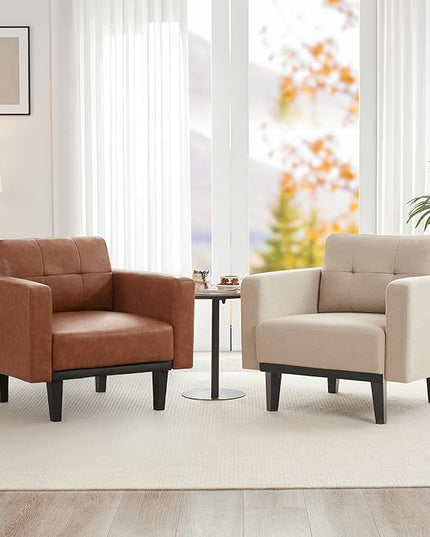 Mid-Century Modern Leather Accent Chair with Wood Base & Legs, Oversized Upholstered Single Sofa Chair, Comfy Living Room Armchairs for Apartment Bedroom Office Study, Cognac/Espresso - LeafyLoom