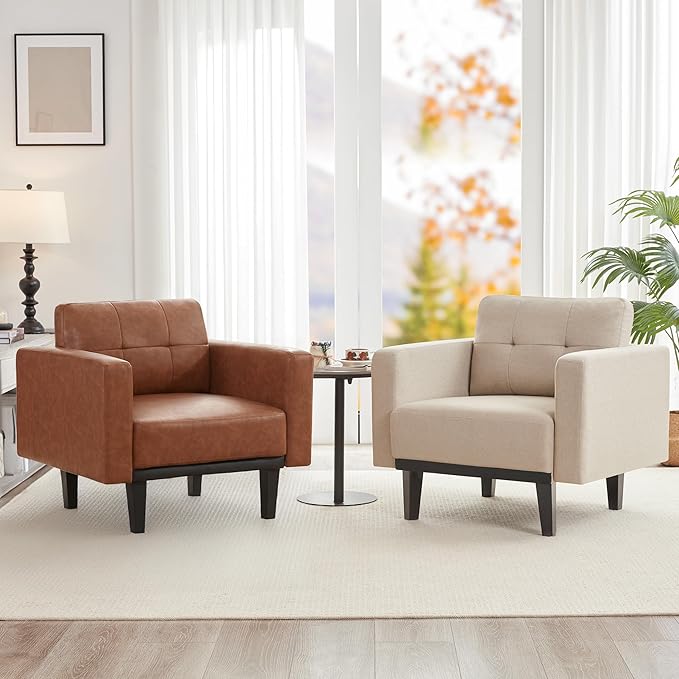 Mid-Century Leather Accent Chair set of 2 with Wood Base & Legs,Oversized Upholstered Single Sofa Chair, Comfy Living Room Armchairs for Apartment Bedroom Office Study, Cognac/Brown - LeafyLoom