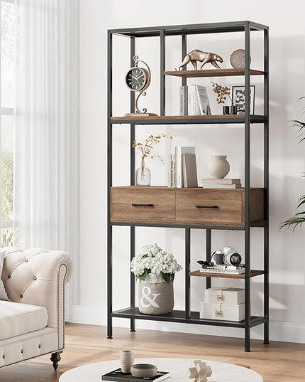 Book Shelf, Tall Bookcase with Storage, 6-Tier Industrial Bookshelf with 2 Wooden Drawers for Home Office and Living Room, Brown - LeafyLoom
