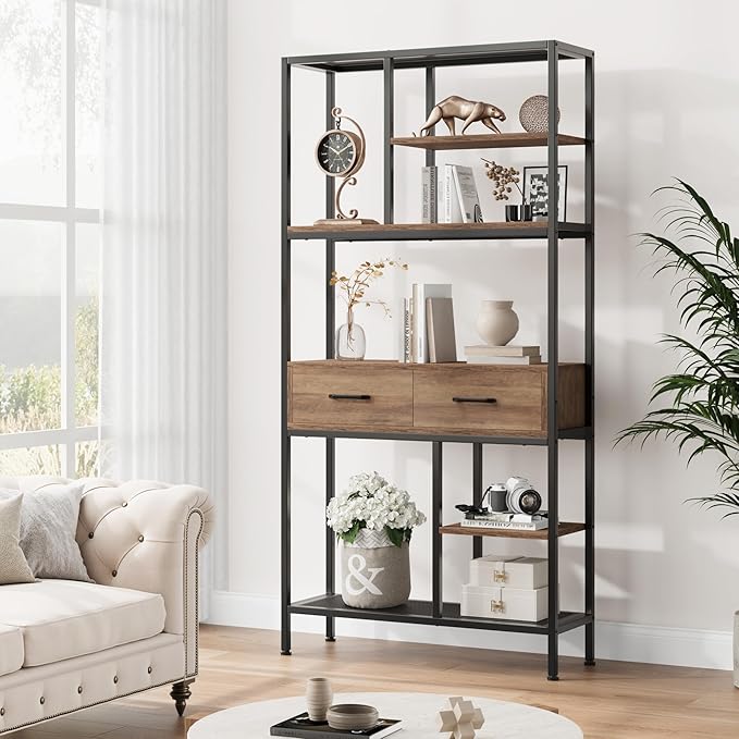 Book Shelf, Tall Bookcase with Storage, 6-Tier Industrial Bookshelf with 2 Wooden Drawers for Home Office and Living Room, Brown - LeafyLoom