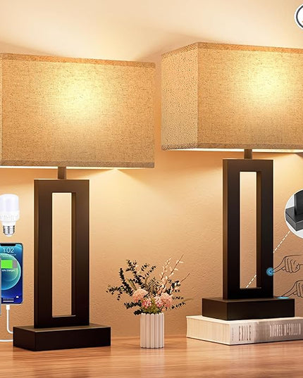 Seealle Bedroom Lamps for Night Stands - Touch Control, 3 Way Dimmable, USB C+A Charging, LED Bulbs, Easy Assembly - LeafyLoom