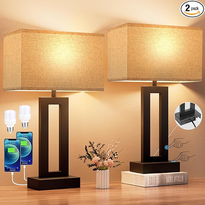 Seealle Bedroom Lamps for Night Stands - Touch Control, 3 Way Dimmable, USB C+A Charging, LED Bulbs, Easy Assembly - LeafyLoom
