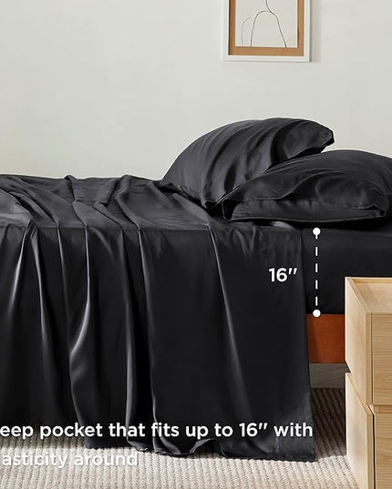 Bedsure Queen Sheets, Rayon Derived from Bamboo, Queen Cooling Sheet Set, Deep Pocket Up to 16", Breathable & Soft Bed Sheets, Hotel Luxury Silky Bedding Sheets & Pillowcases, Black - LeafyLoom