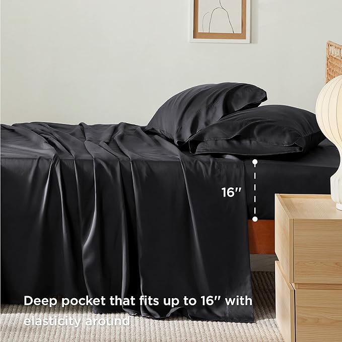 Bedsure Queen Sheets, Rayon Derived from Bamboo, Queen Cooling Sheet Set, Deep Pocket Up to 16", Breathable & Soft Bed Sheets, Hotel Luxury Silky Bedding Sheets & Pillowcases, Black - LeafyLoom