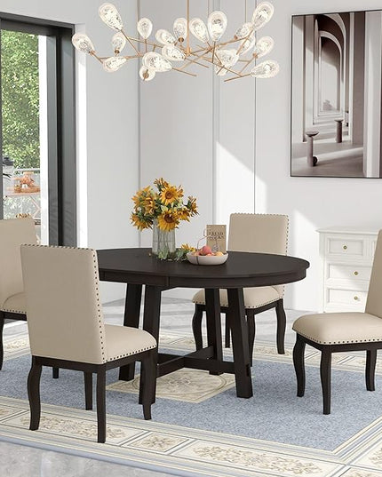 NicBex Round Dining Table Dining Room Set 5-Piece Farmhouse Dining Table Set Wood Round Extendable Dining Table and 4 Upholstered Dining Chairs for Set, Espresso - LeafyLoom